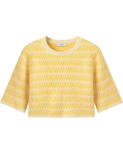 CRUSH Collection Two-Toned Fluffy Cashmere Crewneck Cropped Top - Yellow