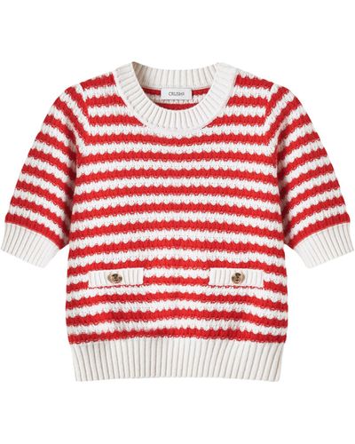 CRUSH Collection Cashmere Jacquard Striped Puff Short-Sleeved Blouse - Red
