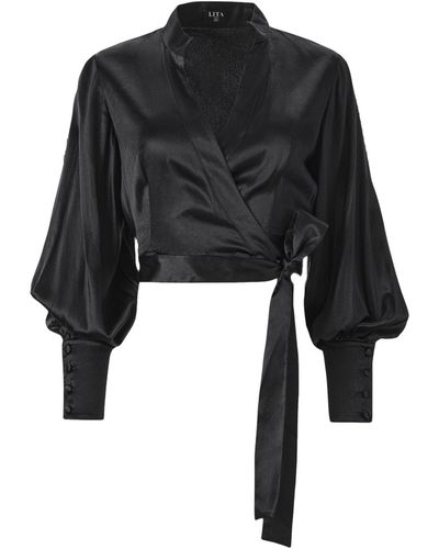 Lita Couture Ample-Sleeve Satin Top - Black