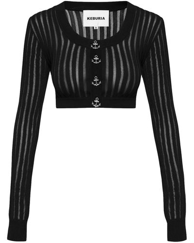 KEBURIA Tulle-Paneled Knit Cardigan - Black