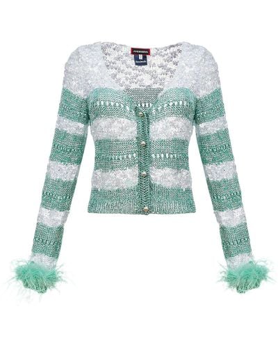 Andreeva Mint Handmade Knit Sweater With Detachable Feather Details On The Cuffs And Pearl Buttons - Green