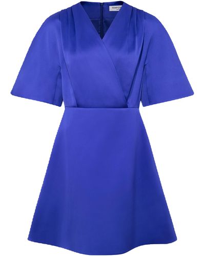 Femponiq Pleated Shoulder Kimono Sleeve Satin Duchess Dress (Royal) - Blue