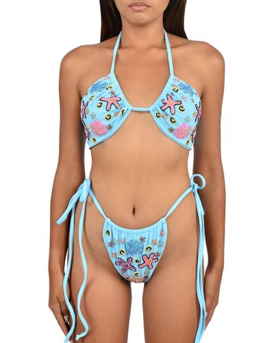 Oceanus Fia Tropical Hand Embroidered Bikini Top - Blue
