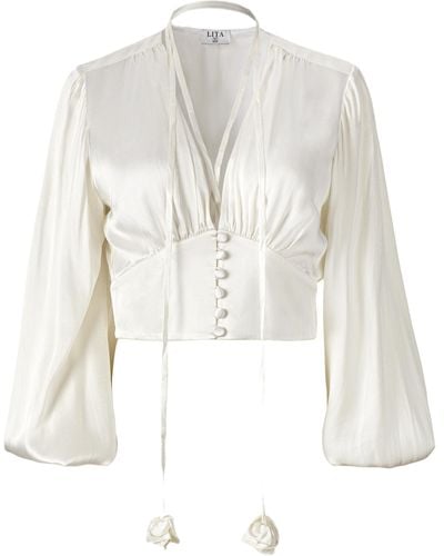 Lita Couture Ample-Sleeve Satin Top - White