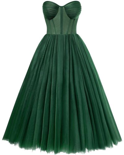 Millà Emerald Strapless Puffy Midi Tulle Dress - Green