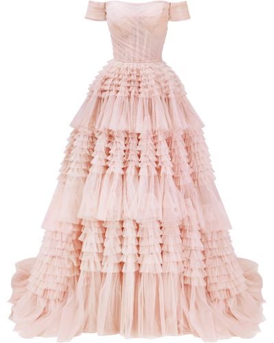 Millà Misty Rose Off-The-Shoulder Frill-Layered Gown - Pink