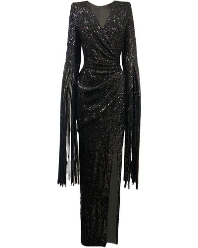 ANITABEL Sequin Wrap Dress With Long Fringe Sleeves - Black