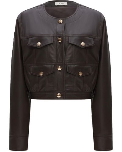 CRUSH Collection Lambskin Leather Pleated Short Jacket - Black