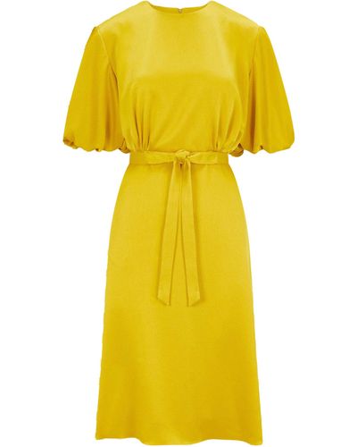 Femponiq Draped Puff Sleeve Satin Dress (Golden) - Yellow