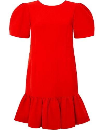 Femponiq Pleated Shoulder Peplum Hem Cady Dress (Watermelon) - Red