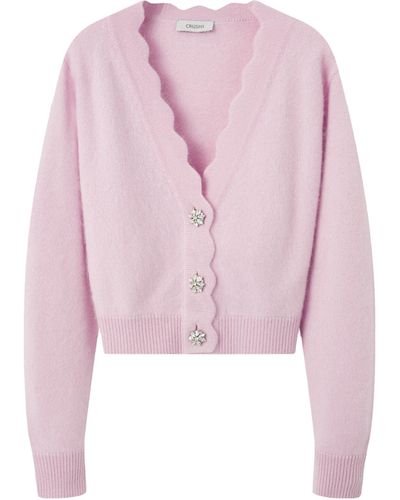 CRUSH Collection Scalloped Fluffy Hand Brushed Cashmere Cardigan - Pink