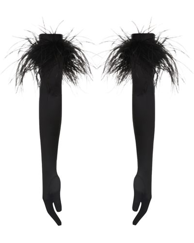 Nue "Drama" Silk Gloves With Feathers - Black