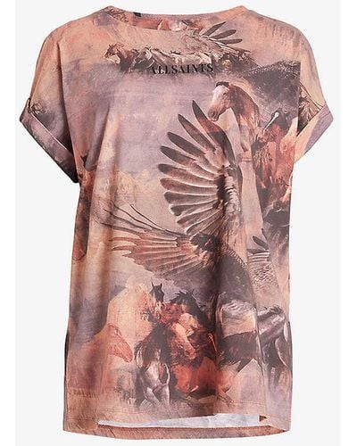 AllSaints Tia Graphic-print High-neck Stretch Recycled-polyester Top - Pink