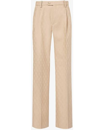 Gucci Monogram-pattern Wide-leg High-rise Wool Trousers - Natural