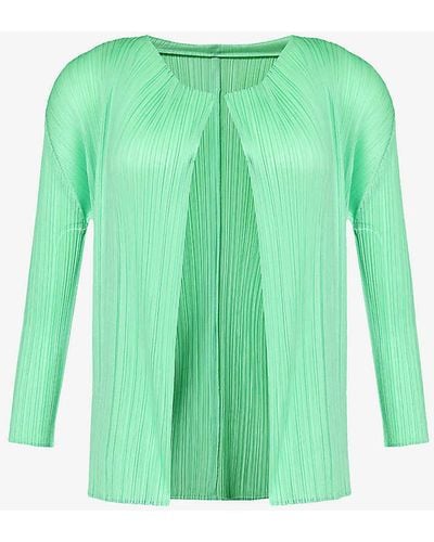Pleats Please Issey Miyake Pleated Round-neck Knitted Cardigan - Green