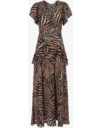 RIXO London Evie Tiger-pattern Silk Midi Dress - Brown