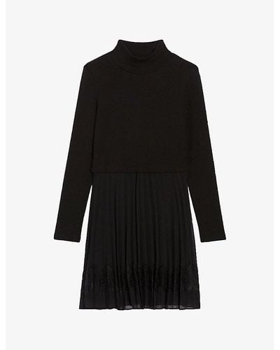 Claudie Pierlot Teli Long-sleeve Pleated-skirt Cotton-blend Mini Dress - Black