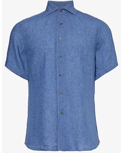Corneliani Curved-hem Cutaway-collar Classic-fit Linen Shirt - Blue