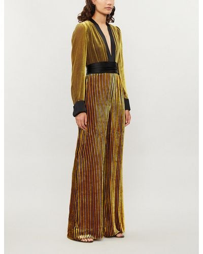 Diane von Furstenberg Satin-trimmed Striped Devoré-velvet Jumpsuit - Metallic