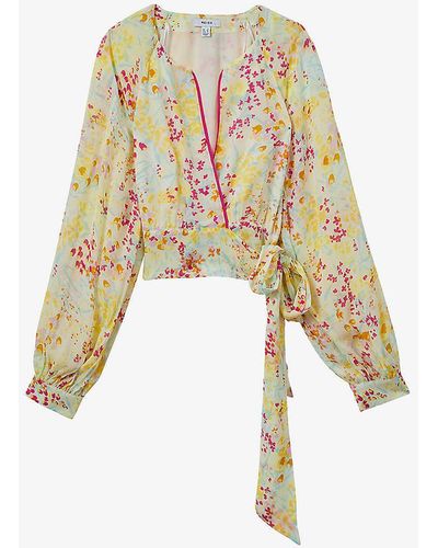 Reiss Lyla Buttercup-print Side-tie Woven Blouse - White