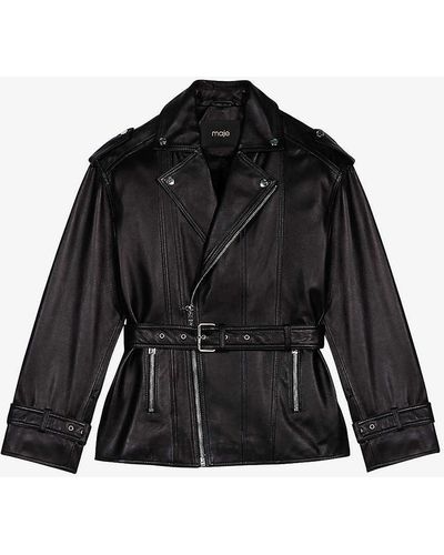 Maje Belfa Belted-waist Zip-up Leather Jacket - Black