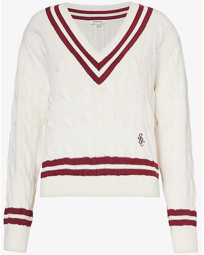 Sporty & Rich Logo-embroidered V-neck Cotton-knit Jumper - White