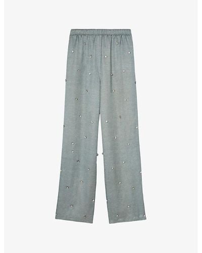 Sandro Rhinestone-embellished Wide-leg High-rise Satin Pants - Grey