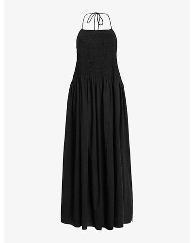 AllSaints Iris Shirred Cotton Midi Dress - Black