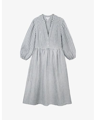 The White Company Striped V-neck Linen Midi Dress - Gray