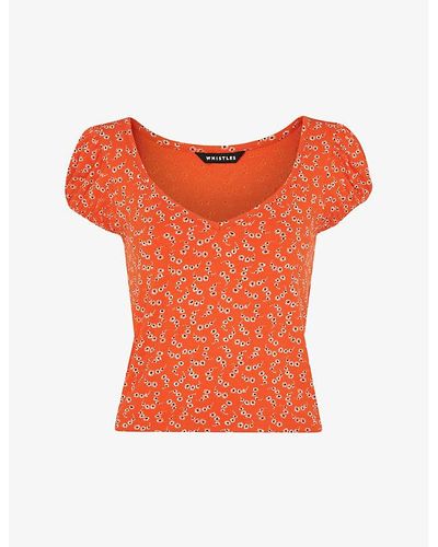 Whistles Micro Floral-print Woven Sweetheart Top - Orange