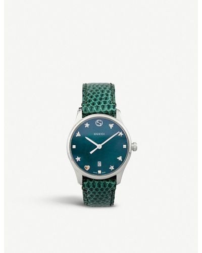 Gucci Ya126584 G-timeless Mother-of-pearl And Lizard-leather Strap Quartz Watch - Green