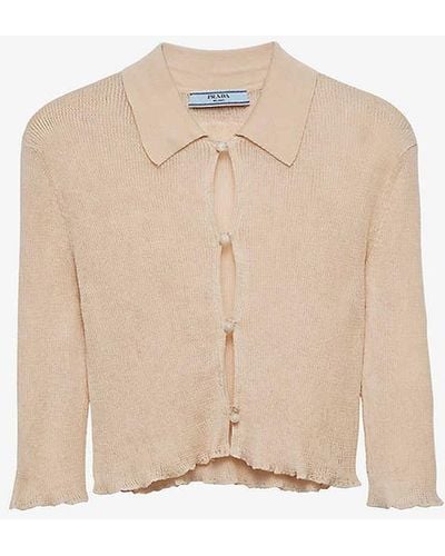 Prada Button-embellished Slim-fit Cotton-knit Cardigan - Natural