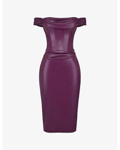 House Of Cb Raven Corseted Faux-leather Midi Dress - Purple