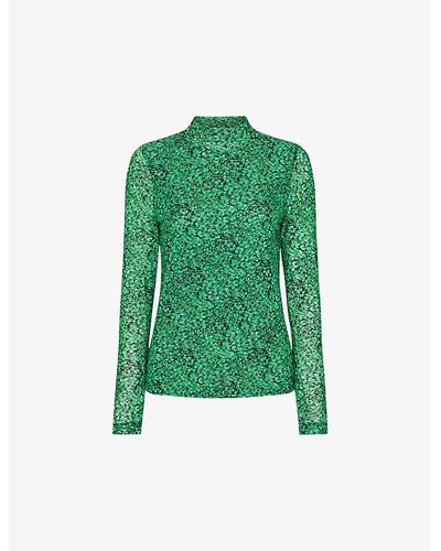 Whistles Floral-pattern Long-sleeved Stretch-mesh Top - Green