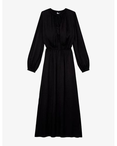 The Kooples Open-collar Elasticated-waist Woven Midi Dress - Black
