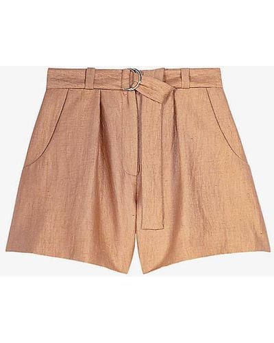Maje Pleated Belted Linen-blend Shorts - Multicolour