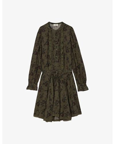 Zadig & Voltaire Ranil Floral-print Long-sleeve Cotton Mini Dress - Green