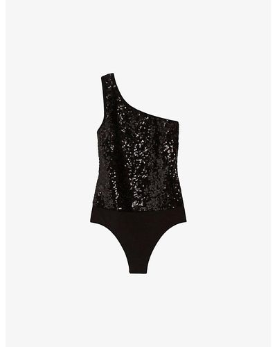 Claudie Pierlot Sequin-embellished One-shoulder Stretch-woven Top - Black