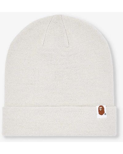 A Bathing Ape Logo-embroidered Folded-brim Knitted Beanie - White