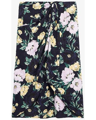 The Kooples Light Pink / Dark Vy Floral-print Twist-front Woven Midi Skirt - Blue