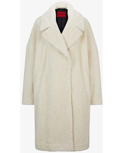 HUGO Single-breasted Oversized-fit Faux-fur Teddy Coat - White
