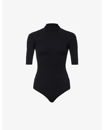 Commando Velvet Round-neck Long-sleeve Cheeky Bodysuit In Black
