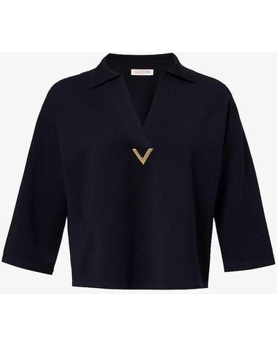 Valentino Garavani V-neck Logo-plaque Wool Jumper - Blue