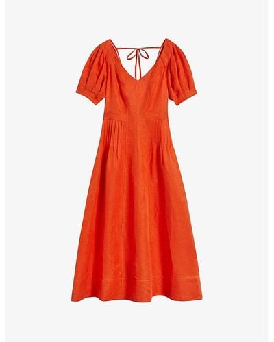 Ted Baker Opalz Puff-sleeved Linen-blend Midi Dress - Red