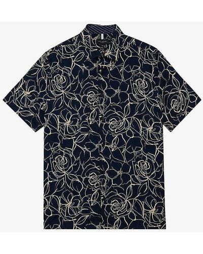 Ted Baker Cavu Floral-print Short-sleeve Cotton Shirt - Blue