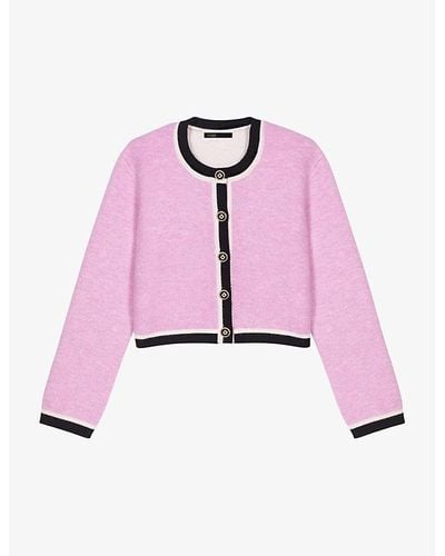 Maje Contrast-trim Long-sleeve Knitted Cardigan - Pink