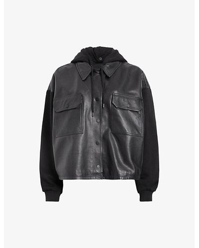 AllSaints Morten Lea Relaxed-fit Hooded Leather Trucker Jacket - Black