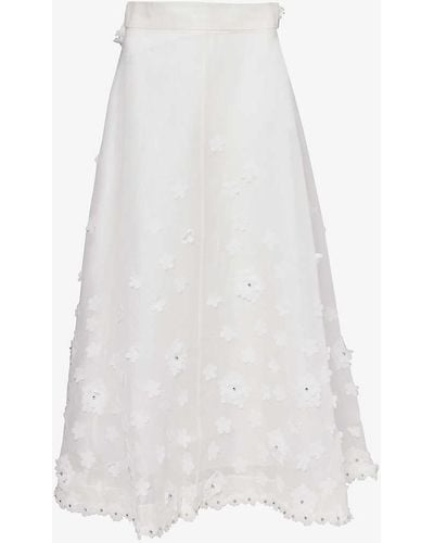 Zimmermann Lift Off Floral-appliqué Linen-blend Midi Skirt - White