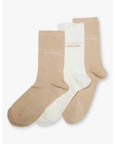 Calvin Klein Branded-print Pack Of Three Cotton-blend Socks - Natural
