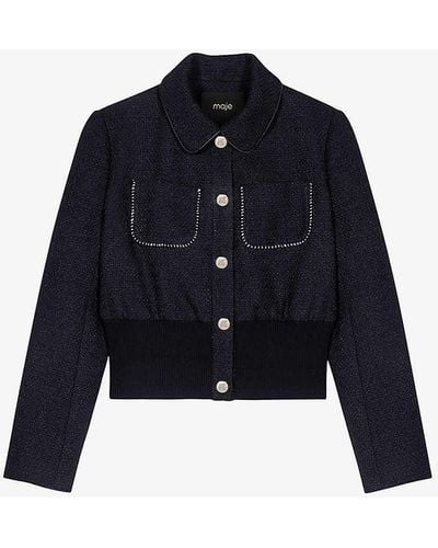 Maje Chain-trim Patch-pocket Tweed Jacket - Blue